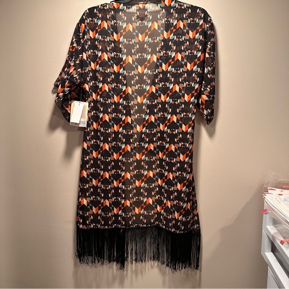 LulaRoe Monroe OpenFront Black Fringe Chiffon Sheer Coat Duster Bohemian Batwing - Picture 10 of 16